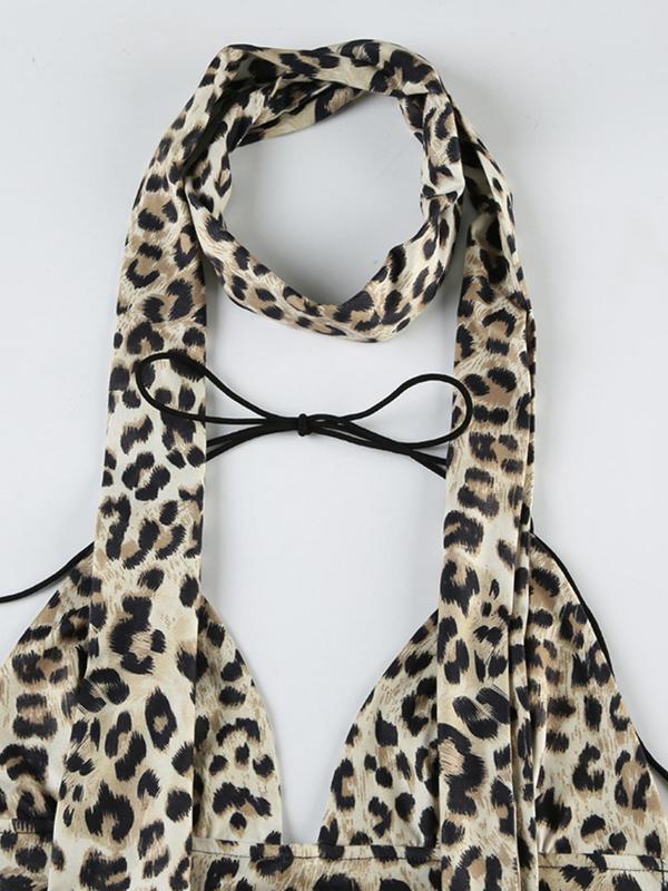 Women's Leopard Print Tie Back Crop Halter Top with Scarf, Fashion Casual Backless Sleeveless Top for Daily Outdoor Wear, Women Top Clothes for Summer