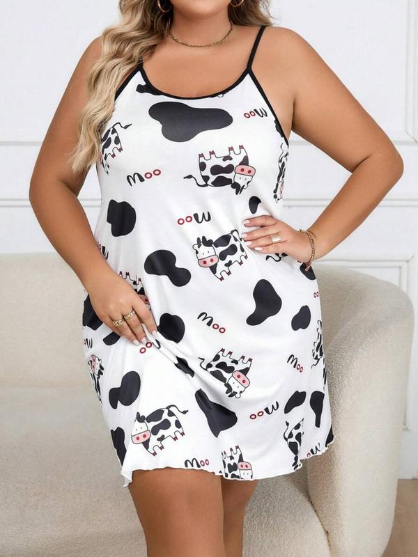 Plus Size Cartoon Cow Print Contrast Binding Lettuce Trim Cami Nightdress, Casual Comfy Backless Spaghetti Strap Nightgown for Women, Women's Sleepwear for All Seasons