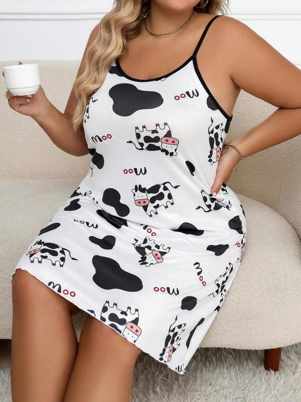 Plus Size Cartoon Cow Print Contrast Binding Lettuce Trim Cami Nightdress, Casual Comfy Backless Spaghetti Strap Nightgown for Women, Women's Sleepwear for All Seasons