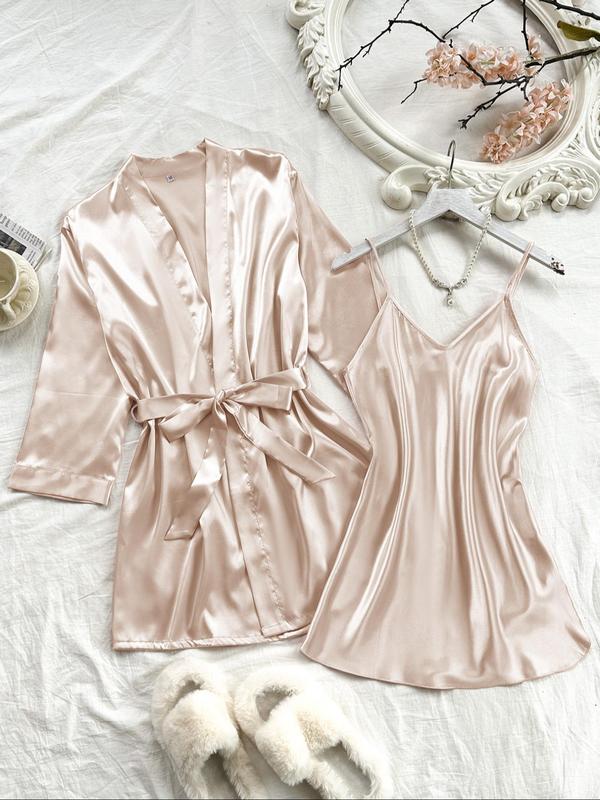 Women's Solid Belted Satin Pyjama Two-piece Set, Long Sleeve Cami Night Dress & Robe Pj Set, Women's Sleepwear for All Seasons, Girl in Pajama Pants