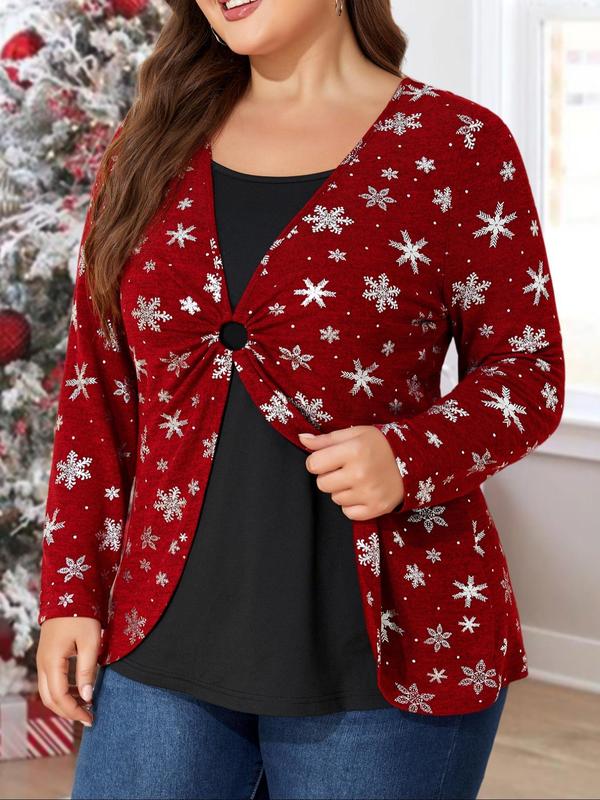 Christmas All Over Snowflake Print 2 in 1 Ruched O-ring Tee, Casual Long Sleeve Square Neck T-shirt for Fall & Winter, Women's Clothing for Daily Wear