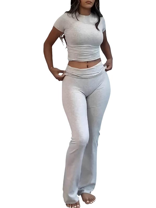 Women's Solid Home Wear Set, Casual Short Sleeve Crop Top and High Waist Wide Leg Pants, All Seasons Women's Pajamas, Back-to-School Wear, Pajama Set, Yoga Run, Sportswear 2024, Home Wear, Black Girls Wear