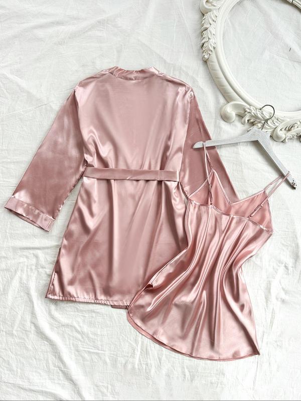 Women's Solid Belted Satin Pyjama Two-piece Set, Long Sleeve Cami Night Dress & Robe Pj Set, Women's Sleepwear for All Seasons, Girl in Pajama Pants