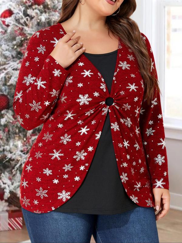 Christmas All Over Snowflake Print 2 in 1 Ruched O-ring Tee, Casual Long Sleeve Square Neck T-shirt for Fall & Winter, Women's Clothing for Daily Wear