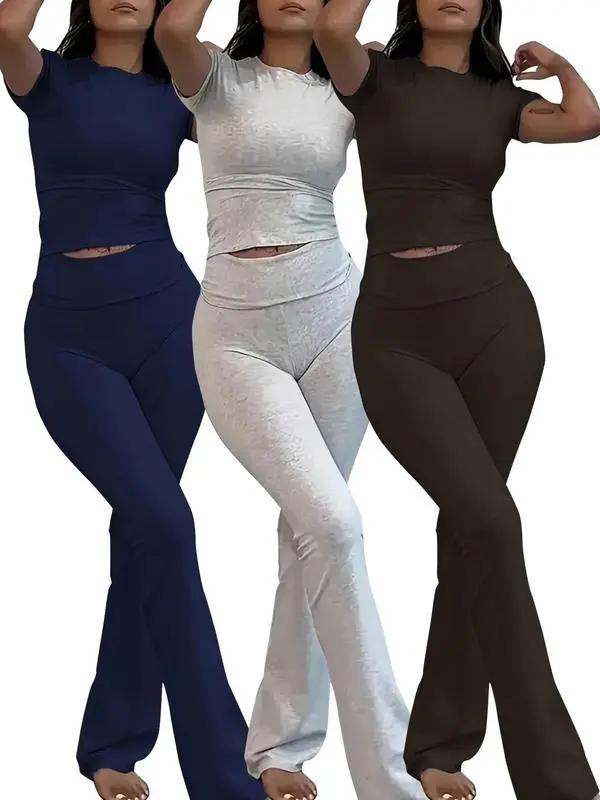 Women's Solid Home Wear Set, Casual Short Sleeve Crop Top and High Waist Wide Leg Pants, All Seasons Women's Pajamas, Back-to-School Wear, Pajama Set, Yoga Run, Sportswear 2024, Home Wear, Black Girls Wear