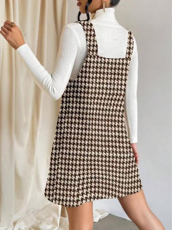 Women's Solid Color Plaid Print V Neck Tank Dress without Inner Top, Casual Sleeveless Short Dress for Fall & Winter, Women's Clothing for Daily Wear