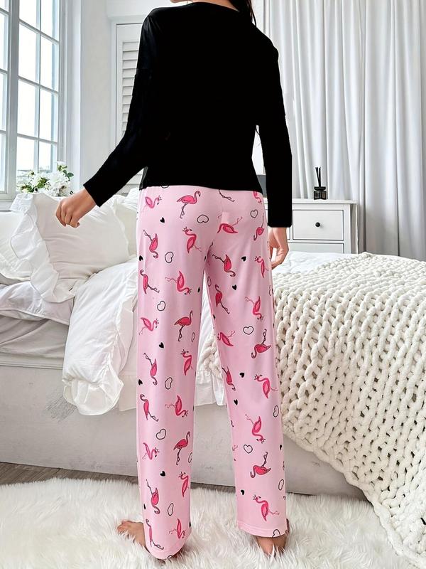 Two-Piece Set Women's Flamingo & Heart Print Pajama, Casual Comfy Long Sleeve Tee & Pants, Ladies Sleepwear for Spring & Fall