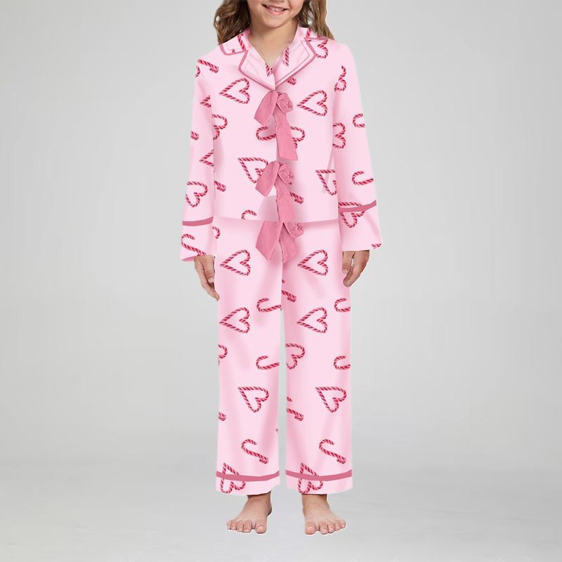 2 Piece Mommy and Me Matching Holiday Pajamas Bow Heart Print Tie Front Long Sleeve Tops and Long Pants Set Family Matching Sleepwear