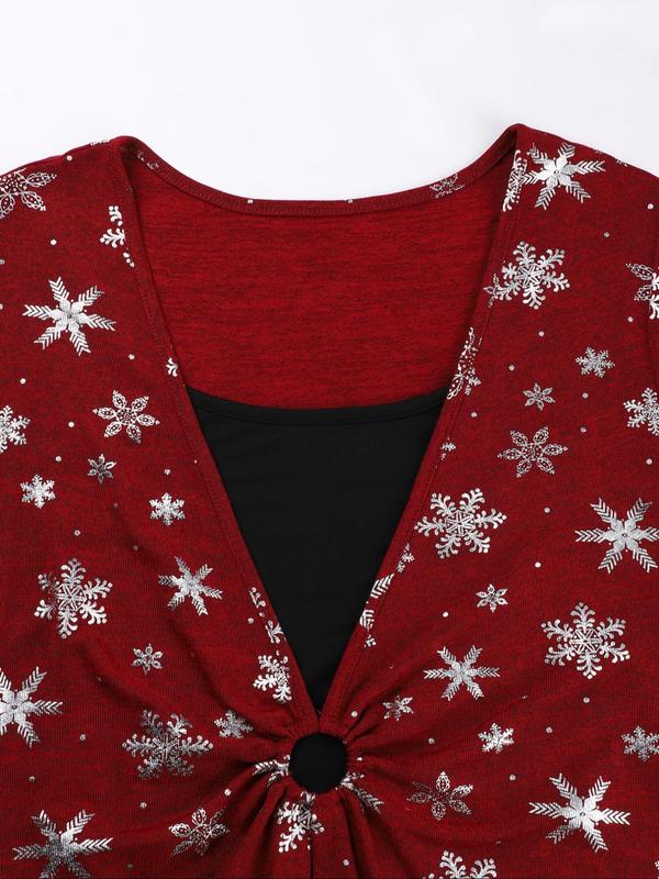 Christmas All Over Snowflake Print 2 in 1 Ruched O-ring Tee, Casual Long Sleeve Square Neck T-shirt for Fall & Winter, Women's Clothing for Daily Wear