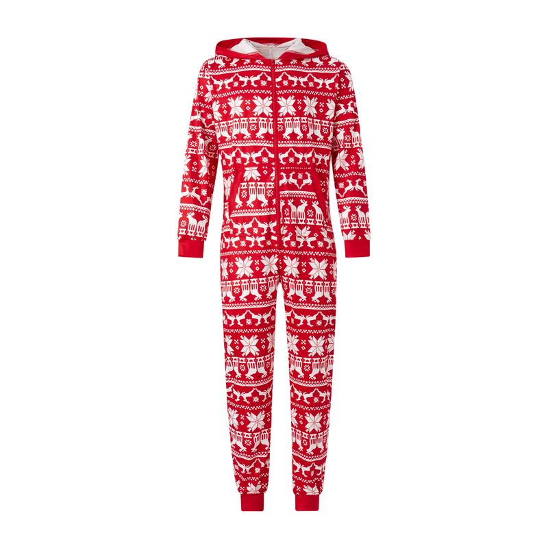 Family Matching Christmas Pajamas Romper Snowflake Deer Print Hooded Long Sleeve Zipper-Up Jumpsuits Sleepwear Womenswear