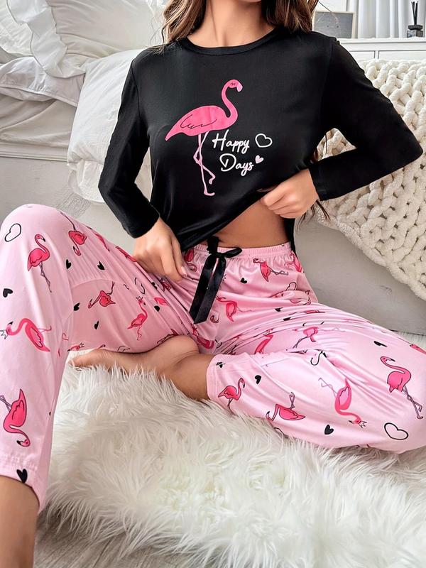 Two-Piece Set Women's Flamingo & Heart Print Pajama, Casual Comfy Long Sleeve Tee & Pants, Ladies Sleepwear for Spring & Fall