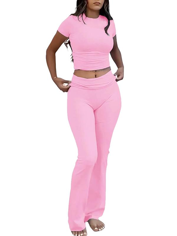 Women's Solid Home Wear Set, Casual Short Sleeve Crop Top and High Waist Wide Leg Pants, All Seasons Women's Pajamas, Back-to-School Wear, Pajama Set, Yoga Run, Sportswear 2024, Home Wear, Black Girls Wear