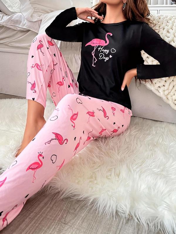 Two-Piece Set Women's Flamingo & Heart Print Pajama, Casual Comfy Long Sleeve Tee & Pants, Ladies Sleepwear for Spring & Fall