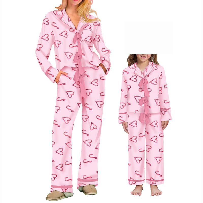 2 Piece Mommy and Me Matching Holiday Pajamas Bow Heart Print Tie Front Long Sleeve Tops and Long Pants Set Family Matching Sleepwear