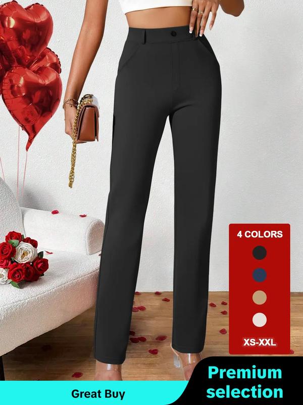 High Waist Straight Leg Pants, Pants for Women,  Cute Clean Girl Clothes,  Basic Minimalist Chic Style Comfort Pocket Button Trousers for Work Office Business, Lady Casual Summer Bottoms, Womenswear, Pants for Women, Summer Outfits 2024