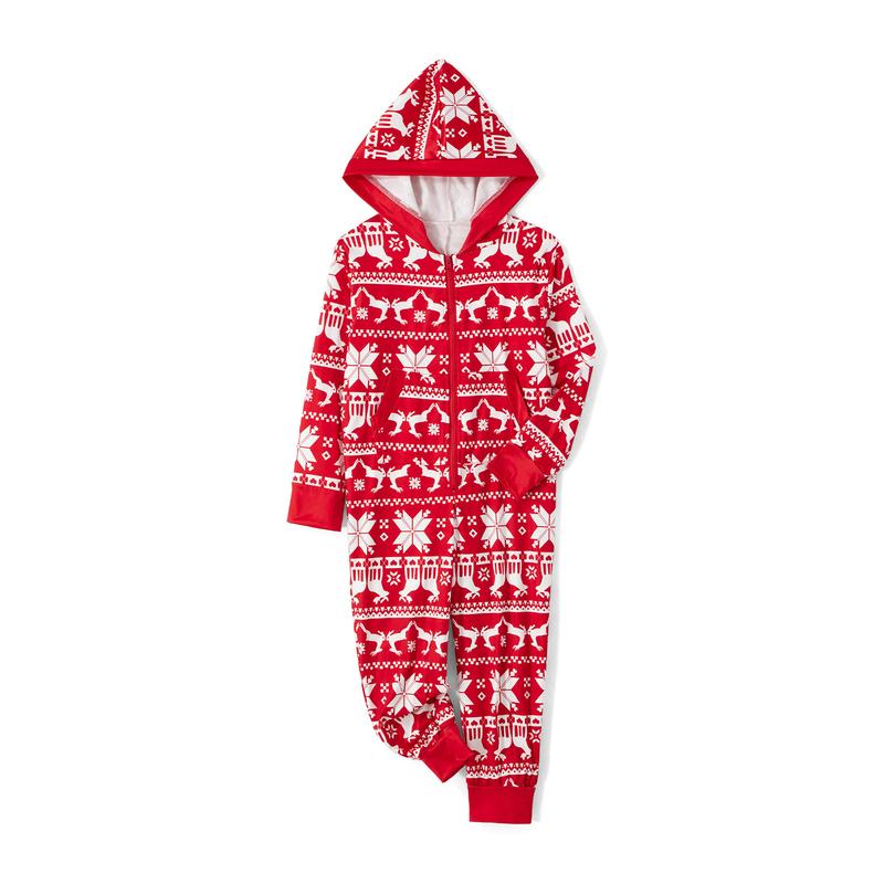 Family Matching Christmas Pajamas Romper Snowflake Deer Print Hooded Long Sleeve Zipper-Up Jumpsuits Sleepwear Womenswear