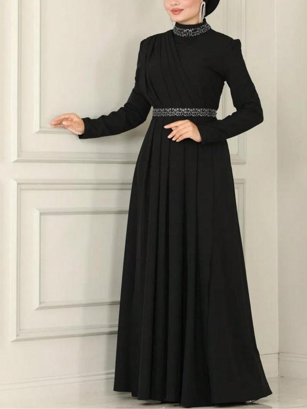 Women's Rhinestone Decor Belted Pleated A Line Dress, Elegant Mock Neck Long Sleeve Maxi Dress for Party Wedding Guest, Ladies Clothes for All Seasons,  Girl Clothes