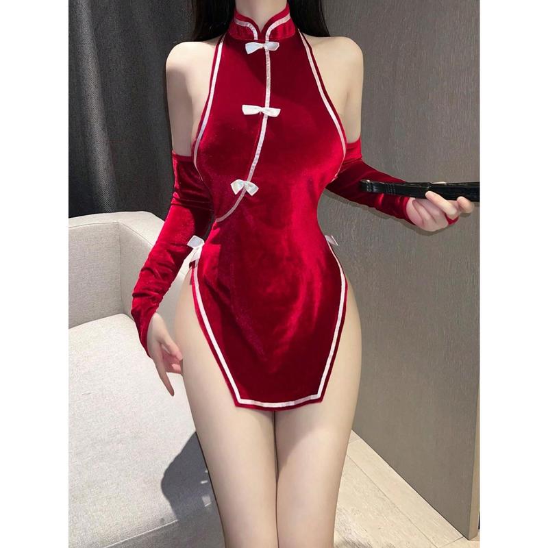 1 set of Chinese style red bow decoration short cheongsam Cosplay suit including  dress and 1 pair of arm sleeves Sexy utah fits women Slim Halter