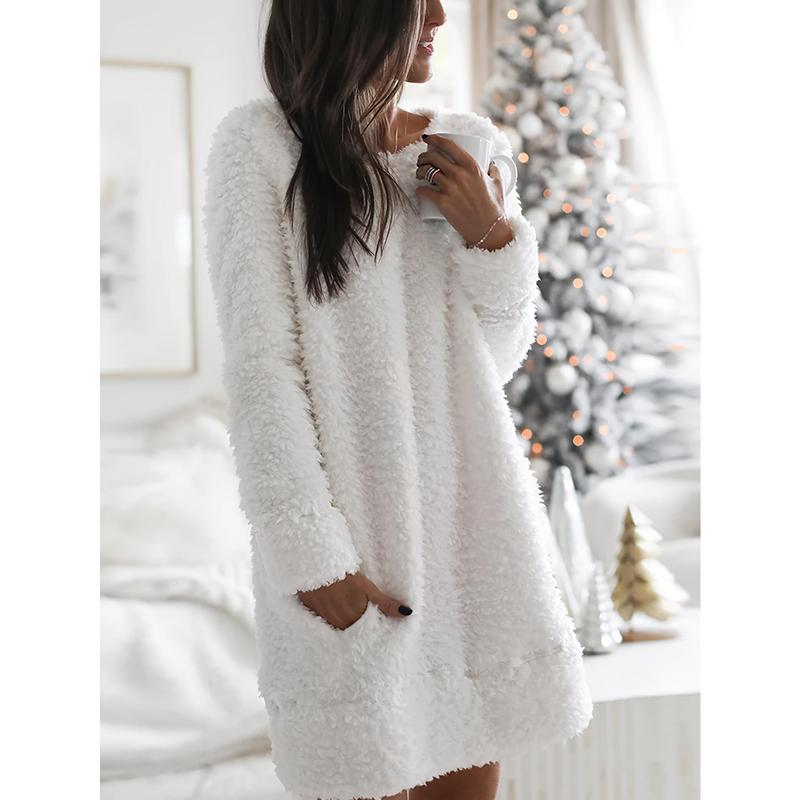 Casual solid fleece nightdress, thicken long sleeve round neck sleep dress with pockets, WOMEN'S sleepwear & dresses