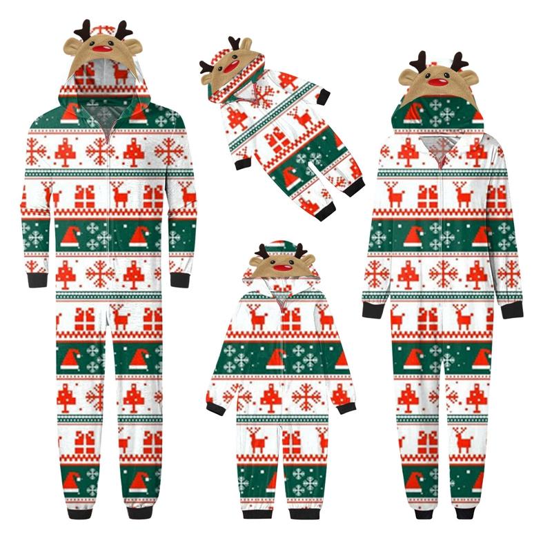 Family Christmas Pajamas, Long Sleeve Elk Christmas Tree Plaid Snowflake Print Hooded Jumpsuit Sleepwear Womenswear Check