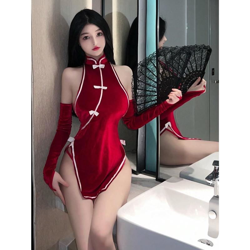 1 set of Chinese style red bow decoration short cheongsam Cosplay suit including  dress and 1 pair of arm sleeves Sexy utah fits women Slim Halter