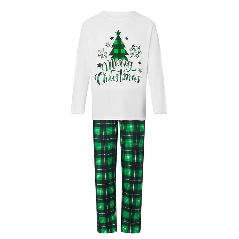 Family Matching Christmas Pajamas, Long Sleeve Xmas Tree Letter Print Tops Green Plaid Pants Sleepwear Outfits