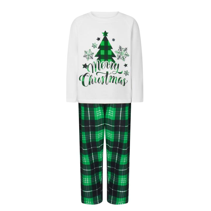 Family Matching Christmas Pajamas, Long Sleeve Xmas Tree Letter Print Tops Green Plaid Pants Sleepwear Outfits