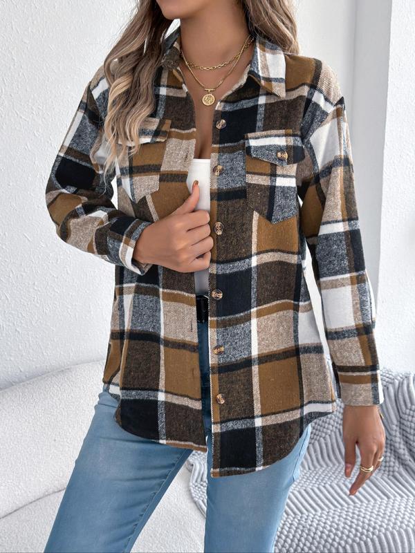 Women's Color-blocked Plaid Print Button Front Drop Shoulder Shirt Coat, Casual Long Sleeve Collared Flannel Outerwear for Fall & Winter, Ladies Clothes for Daily Wear