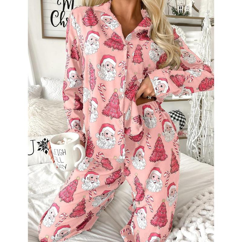 Women Christmas Pajamas Set Santa Christmas Tree Print Long Sleeve Button Up Shirt + Elastic Waist Pants 2 Piece Loungewear Outfit