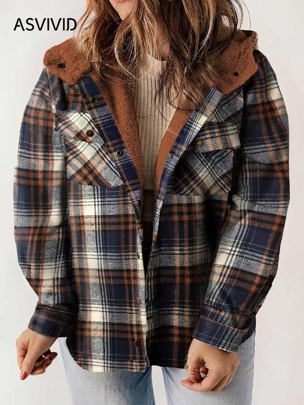  Plus Size Plaid Print Button Front Drop Shoulder Fuzzy Hooded Coat, Casual Long Sleeve Pocket Outerwear for Fall & Winter, Women's Clothes for Daily Wear