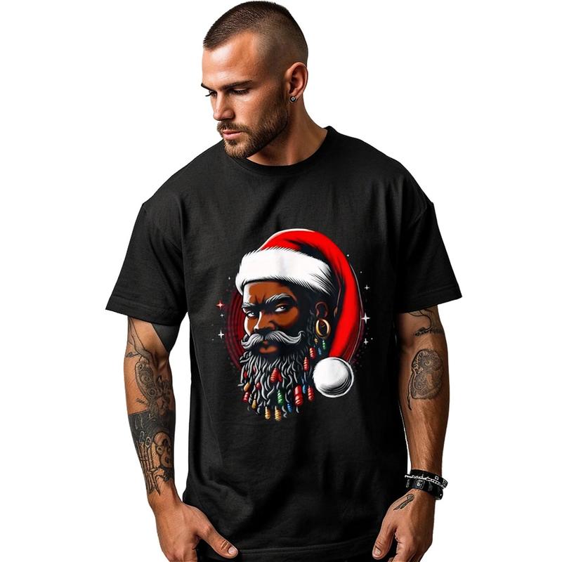 Santa Christmas African American Pyjamas Cool Black X-Mas T-Shirt, 100% Cotton, Halloween Thanksgiving Christmas Gift for Men Women Family Friends, S-XXXL, Black