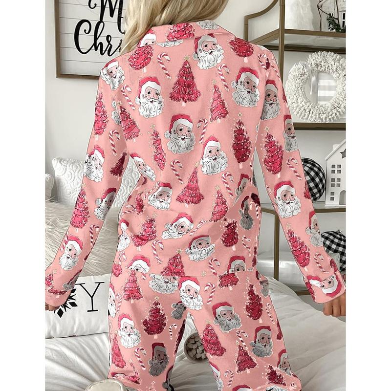 Women Christmas Pajamas Set Santa Christmas Tree Print Long Sleeve Button Up Shirt + Elastic Waist Pants 2 Piece Loungewear Outfit