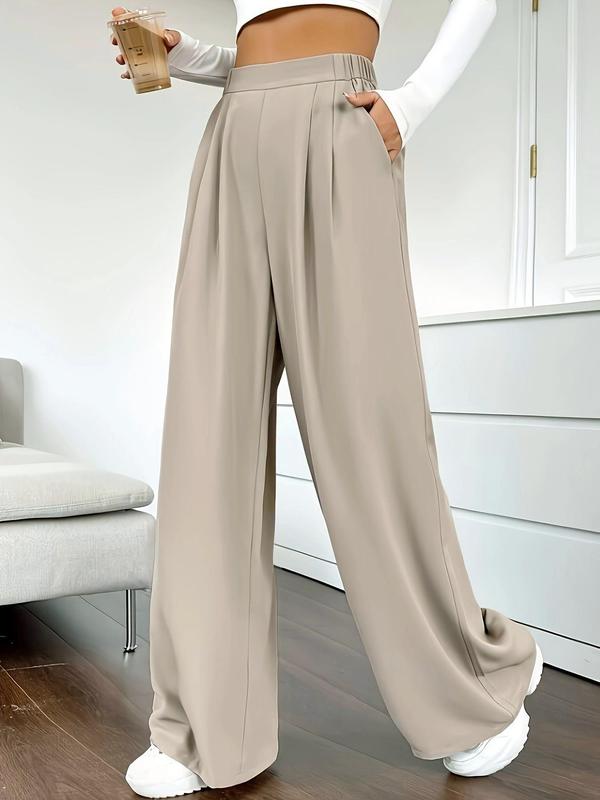 Women's Solid Color Plicated High Waist Straight Leg Pants, Elegant Fashion Casual Pocket Trousers for Daily Outdoor Wear, Women's Bottoms for Fall & Winter