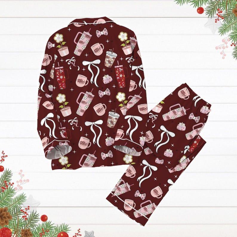 Dr Pepper Pajamas Set, Pepper Coquette Bow Holiday Pajamas, Soda Lover Christmas Shirt, Pajamas For Party, Pj Set Pants, Set Of Pajamas