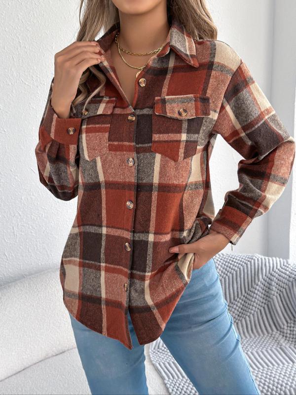 Women's Color-blocked Plaid Print Button Front Drop Shoulder Shirt Coat, Casual Long Sleeve Collared Flannel Outerwear for Fall & Winter, Ladies Clothes for Daily Wear