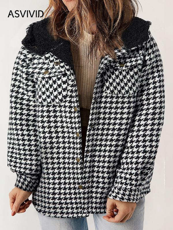  Plus Size Plaid Print Button Front Drop Shoulder Fuzzy Hooded Coat, Casual Long Sleeve Pocket Outerwear for Fall & Winter, Women's Clothes for Daily Wear