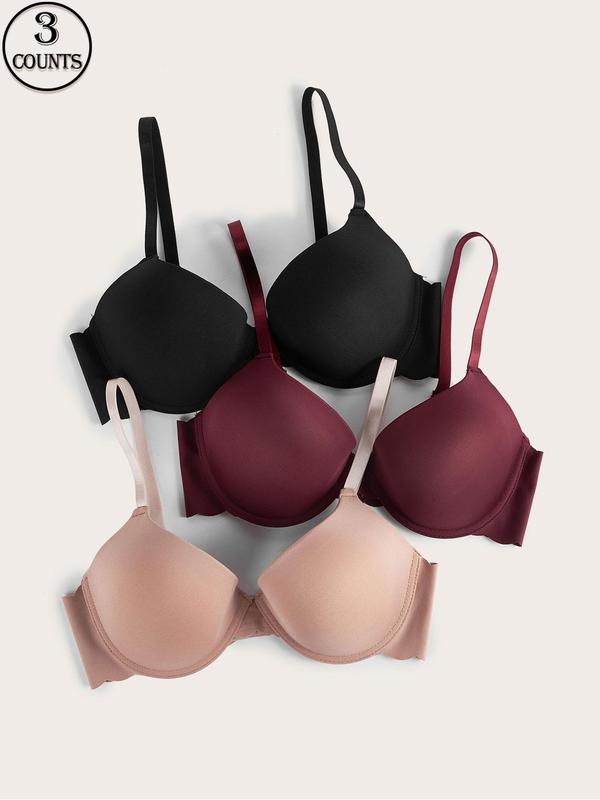 Women's Solid Color Scallop Trim Push Up Bra, Soft Comfortable Adjustable Strap Backless Underwire Bra, Lingerie for All Seasons