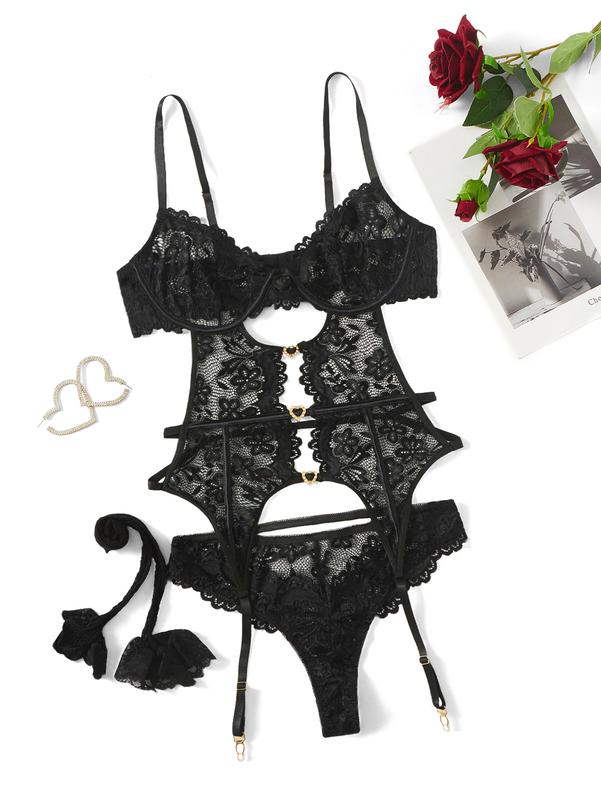 Floral Lace Mesh Lingerie Set Teddy Babydoll Bodysuit with Garter Belts