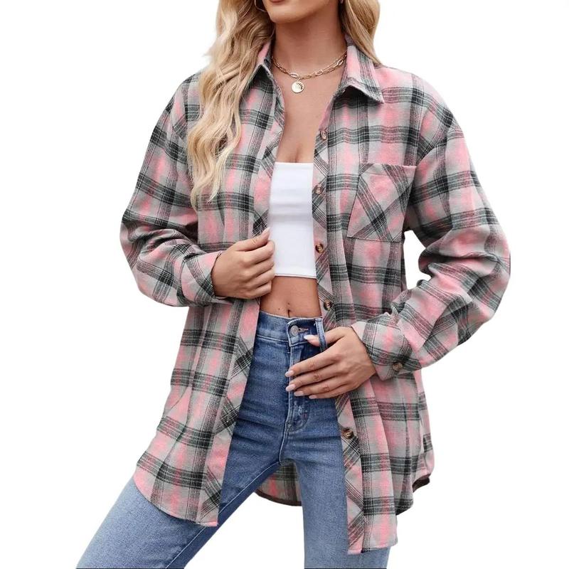 Womens Button Down Shirts Long Sleeve Plaid Shackets Business Casual Blouse Top flannel Womenswear Comfy