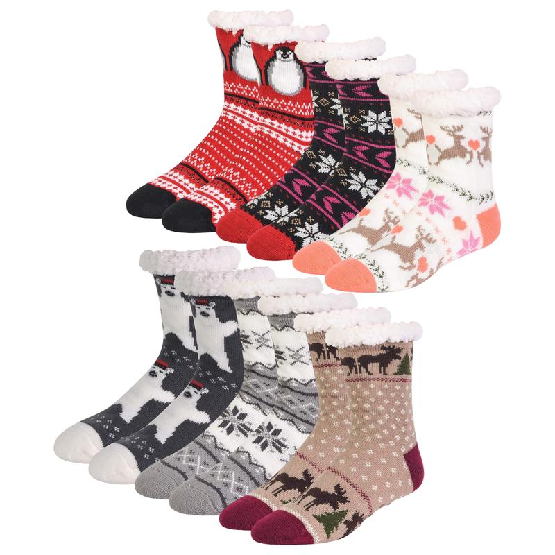 6 Pairs Fuzzy Non Slip Slipper Socks with Grippers Christmas Gift Fleece Lined Warm Lining Xmas Gifts Party Non Skid Ripple Sleeping reading Sock