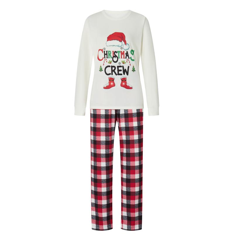 Family Christmas Pajamas Matching Sets, Romper  Long Sleeve Letter Print Tops and Plaid Pants Suit for Kid Dad Mom Sleepwear