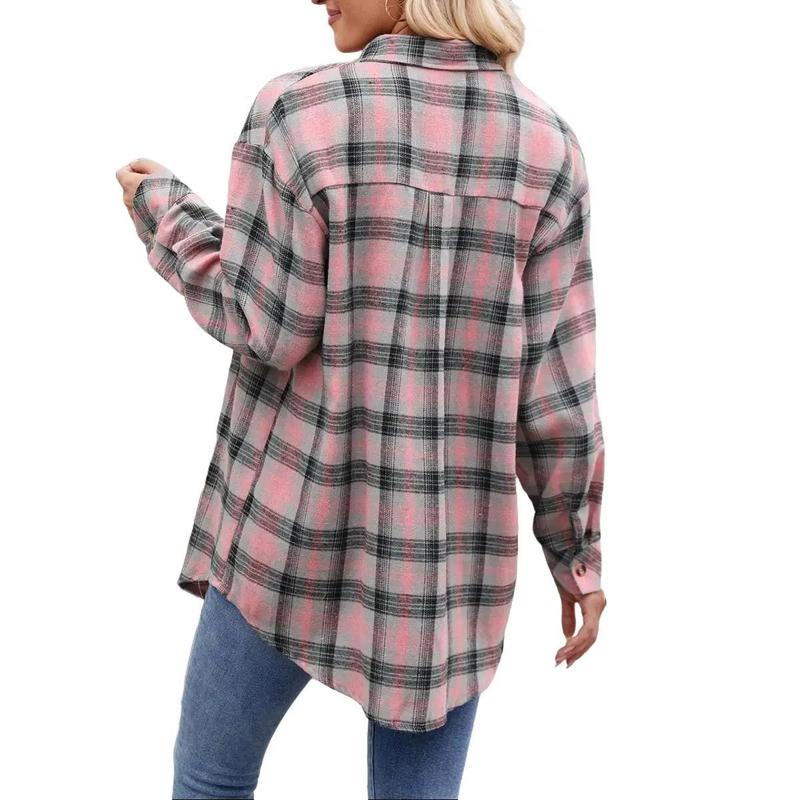 Womens Button Down Shirts Long Sleeve Plaid Shackets Business Casual Blouse Top flannel Womenswear Comfy