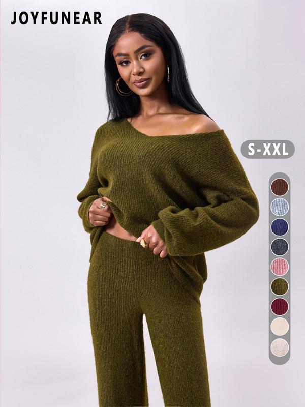 Two-piece Set Women's Solid Color Drop Shoulder Sweater & Pants Sweater Set, Casual Fashion Cozy Drop Shoulder Knitwear Set for Daily Outdoor Wear, Knitwear Set for Women Women Knitwear for Fall & Winter