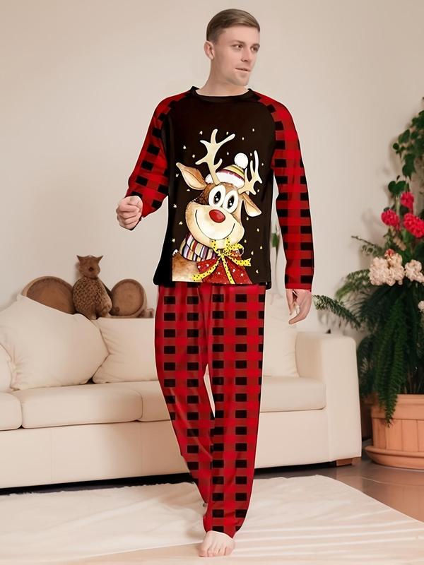 Couple's Christmas Themed Plaid Elk Print Raglan Sleeve Pajama Two-piece Set, Casual Comfy Long Sleeve Top & Pants Pj Set, Men's Sleepwear for Spring & Fall