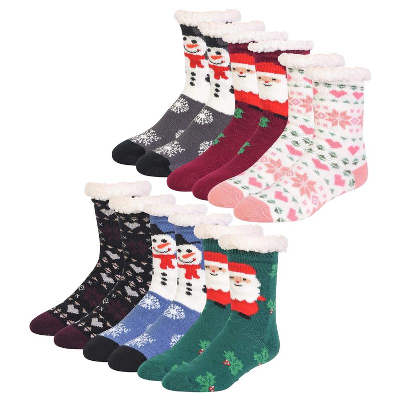 6 Pairs Fuzzy Non Slip Slipper Socks with Grippers Christmas Gift Fleece Lined Warm Lining Xmas Gifts Party Non Skid Ripple Sleeping reading Sock