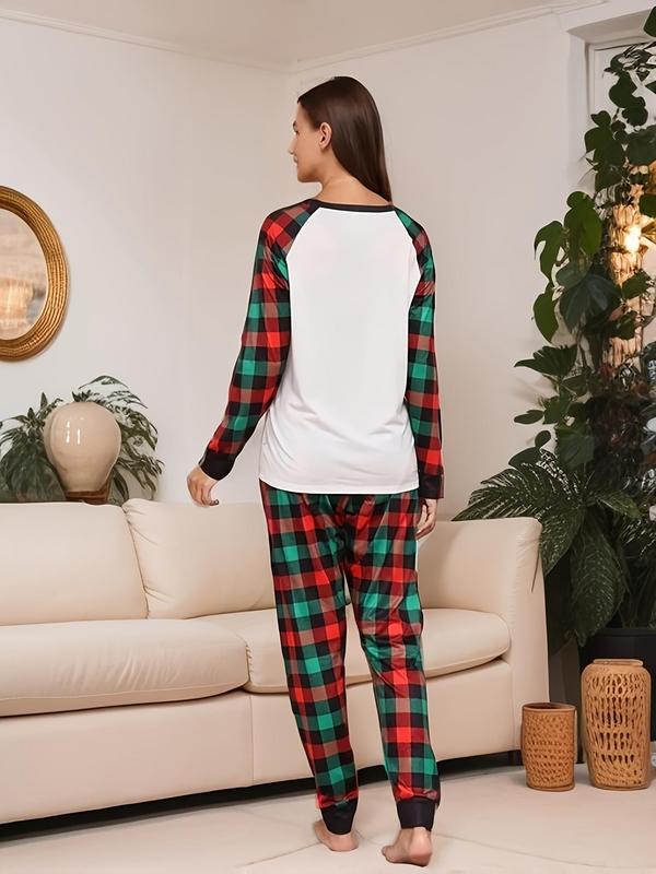 Couple's Christmas Themed Plaid Elk Print Raglan Sleeve Pajama Two-piece Set, Casual Comfy Long Sleeve Top & Pants Pj Set, Men's Sleepwear for Spring & Fall