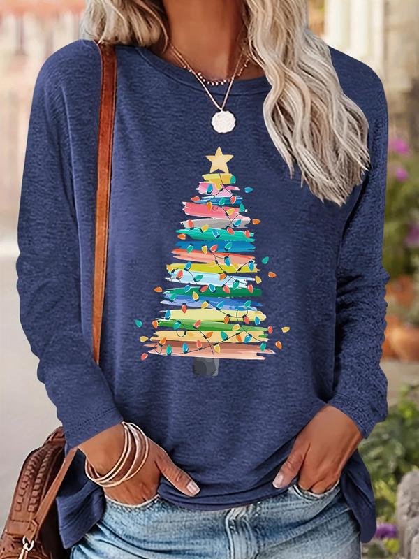 Women's Christmas Tree Print Drop Shoulder T-shirt, Casual Long Sleeve Round Neck Pullover for Fall & Winter, Ladies Clothes for Daily Wear