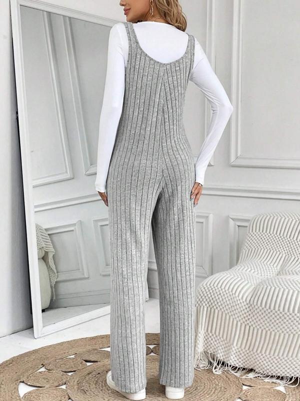 Women's Solid Color Ribbed Pocket Wide Leg Jumpsuit, Casual Sleeveless Jumpsuit for Spring & Fall, Women's Clothes for Daily Wear