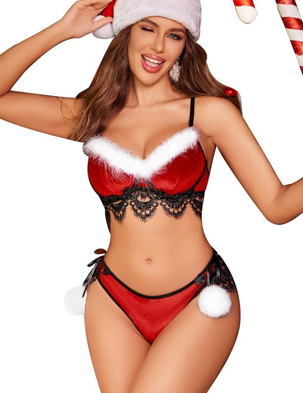 Christmas Lingerie Set Contrast Lace  Underwire Santa Outfits for Women