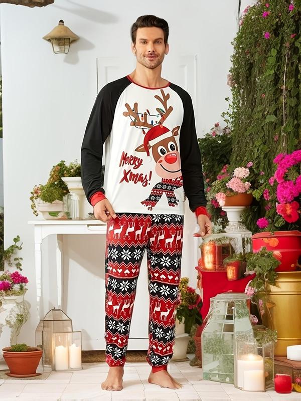 Couple's Christmas Themed Plaid Elk Print Raglan Sleeve Pajama Two-piece Set, Casual Comfy Long Sleeve Top & Pants Pj Set, Men's Sleepwear for Spring & Fall